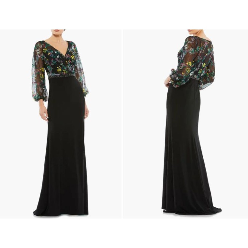 Mac Duggal Embroidered Illusion Puff Sleeve Column Gown Black Multi Women's 6